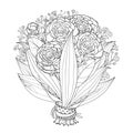 Vector bride bouquet with outline Gypsophila and Camellia flower, bud and leaves in black isolated on white background.