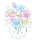 Vector bouquet with outline Camellia flower bunch, bud and leaf in round vase in pastel blue and pink isolated on white background