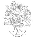 Vector bouquet with outline Camellia flower bunch, bud and leaf in round vase in black isolated on white background.