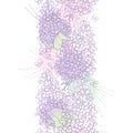 Vector vertical seamless pattern with outline Lilac or Syringa flower, bud and ornate leaf in pastel purple and pink on the white.