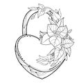 Vector padlock heart with outline bunch Bougainvillea or Buganvilla flower, leaf and bud in black isolated on white background.