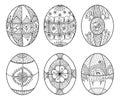 Vector set of outline ethnic Ukrainian Easter egg Pysanka in black isolated on white background. Traditional Christian food.