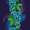 Vector seamless pattern of outline Strongylodon flower bunch or turquoise Jade vine with green leaf and bud on the violet back.