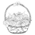 Vector wicker basket with outline Strawberry, berry, flower and ornate leaf in black isolated on white background. Fruit design.