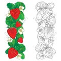 Vector set with outline Strawberry, vertical bunch, berry, flower and ornate leaf in black and red isolated on white background.