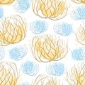 Vector seamless pattern with rolling desert plant Tumbleweed in beige and blue on the white background. Dry weed bush Tumbleweed. Royalty Free Stock Photo