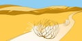 Vector rolling desert plant Tumbleweed on the background with panoramic desert horizon in orange and blue. Dry weed round bush. Royalty Free Stock Photo