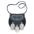 Vector outline black and silver Scottish sporran or small ornate pouch or bag with white fur tassel isolated on white background. Royalty Free Stock Photo