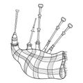 Vector outline Scottish folk musical instrument bagpipe or set of pipes in black isolated on white background. Royalty Free Stock Photo