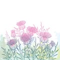 Vector thickets of outline welted Thistle or Carduus plant, spiny leaf, bud and flower bunch in pastel pink and green.