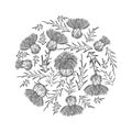 Vector round bunch of outline Thistle or Carduus plant, spiny leaf, bud and flower in black isolated on white background. Royalty Free Stock Photo