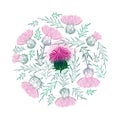 Vector round bunch of outline Thistle or Carduus plant, spiny leaf, bud and flower in pastel green and pink isolated on white. Royalty Free Stock Photo