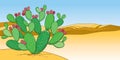 Vector bush of outline Indian fig Opuntia plant or prickly pear cactus, red fruit and green spiny stem on the desert background.