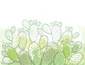 Vector bush of outline Indian fig Opuntia plant or prickly pear cactus, fruits and spiny stem on the pastel green and white.