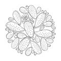 Vector round bunch of outline Indian fig Opuntia or prickly pear cactus, flower and spiny stem in black isolated on white.