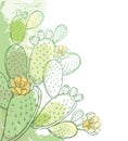 Vector corner bunch of outline Indian fig Opuntia or prickly pear cactus, flower, fruit and spiny stem in pastel green.