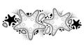 Vector drawing with dotted Starfish or Sea star and pebbles in black isolated on white background. Horizontal dotwork composition.