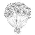Vector bride bouquet of outline Gerbera or Gerber flower and leaf in black isolated on white background. Bunch of contour Gerbera. Royalty Free Stock Photo