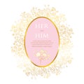 Vector round wedding invitation with bouquet of outline Gypsophila or Baby`s breath flower bunch in pastel pink and gold isolated. Royalty Free Stock Photo