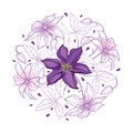 Vector round bouquet with outline pastel purple Clematis or Traveller`s joy ornate flower bunch, bud and leaves isolated on white. Royalty Free Stock Photo