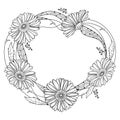 Vector round wreath with outline Gerbera or Gerber flower and leaf in black isolated on white background. Bunch of Gerbera. Royalty Free Stock Photo