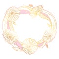 Vector round wedding wreath with outline Gerbera or Gerber flower and leaf in in gold and pink isolated on white background. Royalty Free Stock Photo