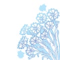 Vector corner bouquet with outline Cornflower or Knapweed or Centaurea flowers, bud and leaf in pastel blue isolated on white.