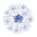 Vector round bouquet of outline pastel blue Periwinkle or Vinca flower bunch and ornate leaves isolated on white background.