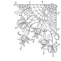 Vector corner bouquet of outline Fuchsia ornate flower bunch, bud and leaf in black isolated on white background. Royalty Free Stock Photo