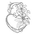 Vector padlock heart with outline bunch of Clematis or Traveller`s joy flower, leaf and bud in black isolated on white background.