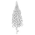 Vector stem with outline Lupin or Lupine or Bluebonnet ornate flower bunch with bud in black isolated on white background.