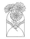 Vector bouquet of outline Gerbera or Gerber flower and leaf in open craft envelope in black isolated on white background. Royalty Free Stock Photo