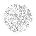 Vector round bunch with outline toxic Atropa belladonna or deadly nightshade flower, bud, berry and leaf in black isolated. Royalty Free Stock Photo