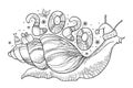 Vector drawing of outline Achatina snail or African giant land snail with number 2020 in black isolated on white background. Royalty Free Stock Photo