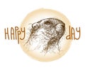 Vector Happy Groundhog day card with scribble or scrawl brown groundhog or marmot or woodchuck head isolated on white background.