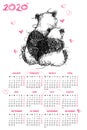 Vector vertical wall calendar for 2020 year with chaos scribble panda couple in love in black and pink scribble hearts. Royalty Free Stock Photo