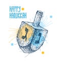 Vector greeting with chaos scribble Hanukkah or Hanuka dreidel or sevivon with Hebrew alphabet in blue isolated on white.