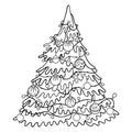 Vector drawing of outline vintage fir tree with garland and ornate Christmas balls in black isolated on white background. Royalty Free Stock Photo