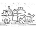 Vector drawing of outline vintage old pickup truck with garland and gifts in back isolated on white background. Contour retro car.