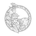 Vector outline toxic Tobacco plant or Nicotiana flower, bud and leaves in mosaic round frame in black isolated on white background