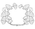 Vector round frame with outline Gingko or Ginkgo biloba leaves. Bunch with ornate leaf in black isolated on white background. Royalty Free Stock Photo