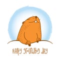 Vector Happy Groundhog day card with outline cute brown groundhog or marmot or woodchuck isolated on white background.