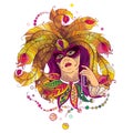 Vector woman face in mask, golden peacock feathers, ornate collar and Mardi Gras beads in violet, green and orange isolated.