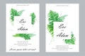 Vector wedding card with outline fossil forest plant Fern with fronds in pastel green isolated on white background.