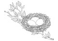 Vector drawing of outline spring tree branch with bird nest and eggs in black isolated on white background. Ornate bird house. Royalty Free Stock Photo