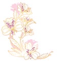 Vector corner bouquet of outline tropical Alstroemeria or Peruvian or Incas lily bunch and leaf in pink gold isolated on white.