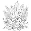 Vector bouquet of outline tropical Alstroemeria or Peruvian or Incas lily bunch and palm leaf in black isolated on white back.