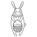 Vector Easter rabbit in safety breathing medical mask with traditional ornate Easter egg and basket in black isolated on white. Royalty Free Stock Photo