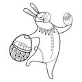 Vector Easter rabbit in safety breathing medical mask with traditional ornate Easter egg and basket in black isolated. Royalty Free Stock Photo