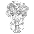 Vector bouquet with outline Ranunculus or Buttercup flower, bud and leaf in ornate round vase isolated on white background.